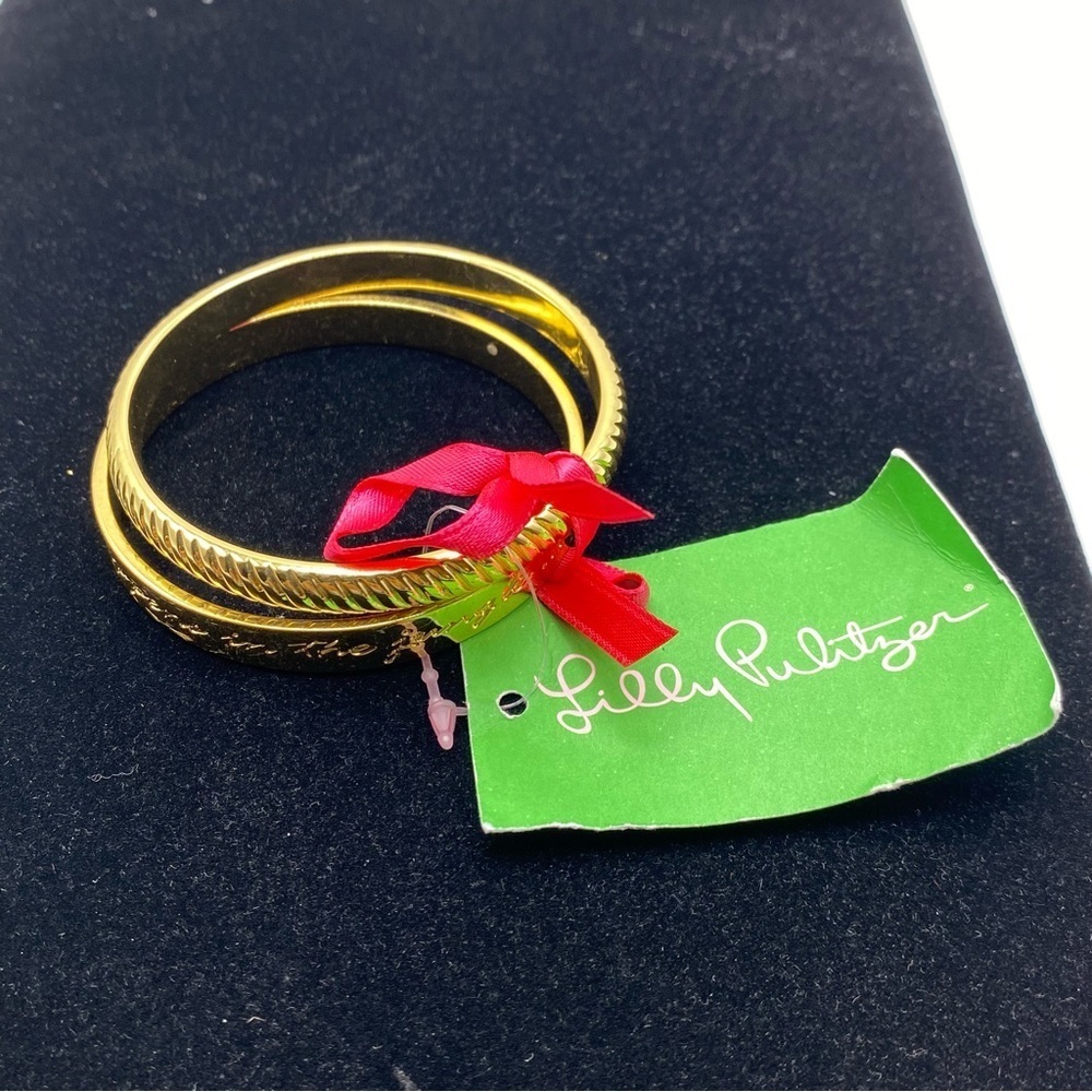 Lilly Pulitzer Bangles Os Gold Tone Bangle Bracelet Set Original Pink Ribbon